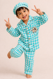 Aqua Check Cotton Kids Nightsuit with Elephant Patch