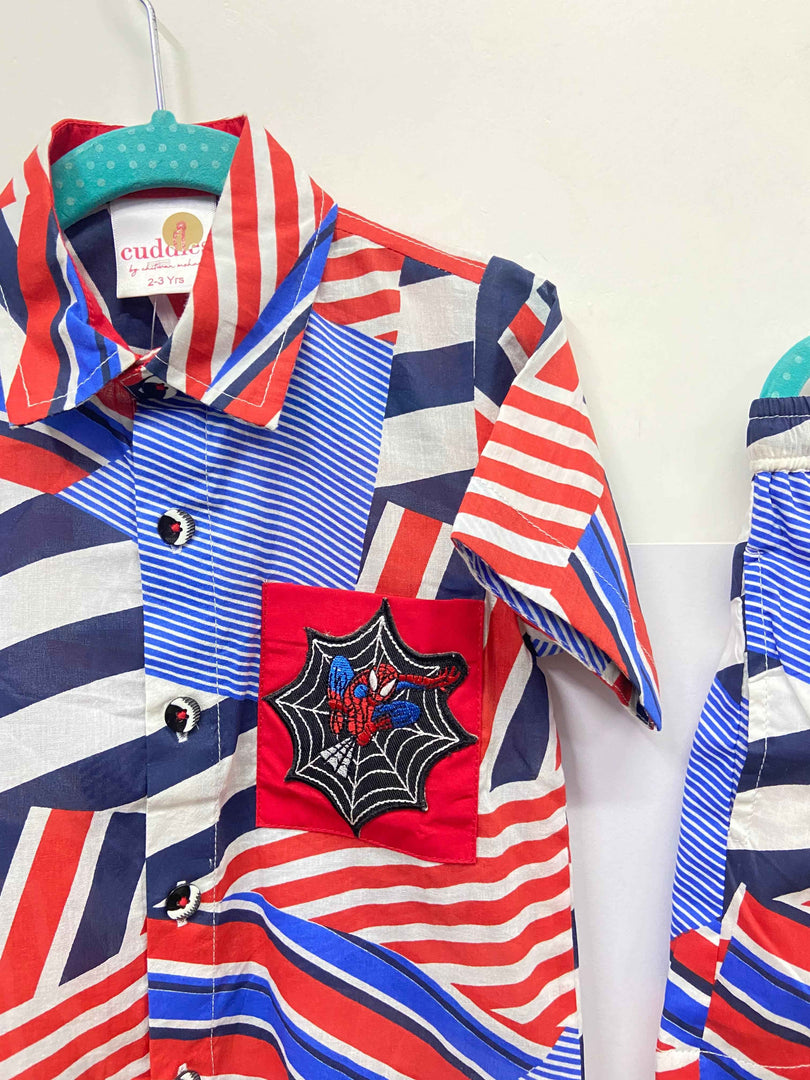 Boys Cotton Co-ord Set with Spiderman Embroidered Pocket - CuddlesClothing