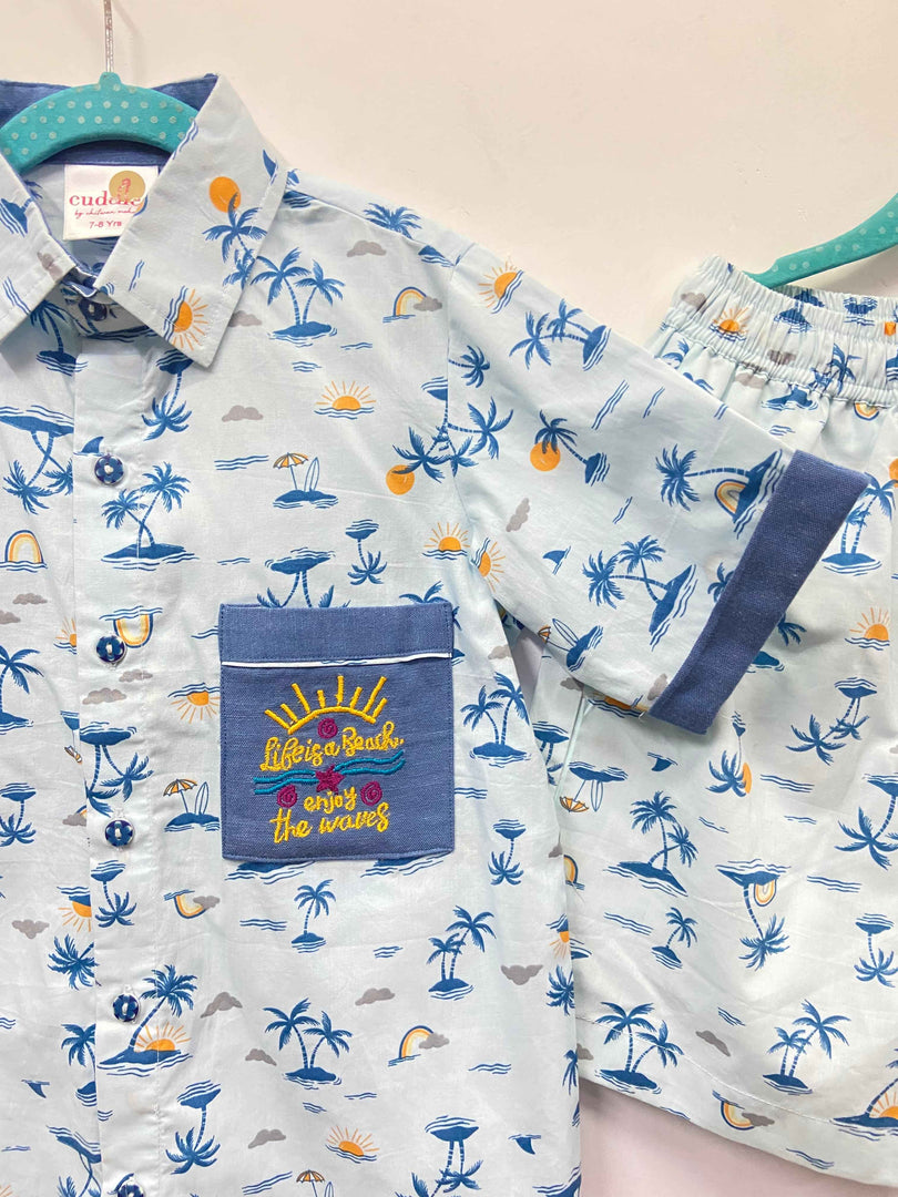 Boys Blue Cotton Co-ord Set with Embroidered Pocket - CuddlesClothing