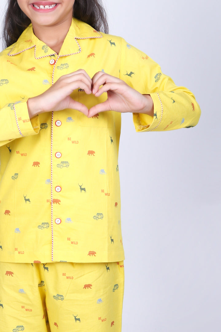 Kids Yellow Safari Animal Cotton Nightsuit - CuddlesClothing