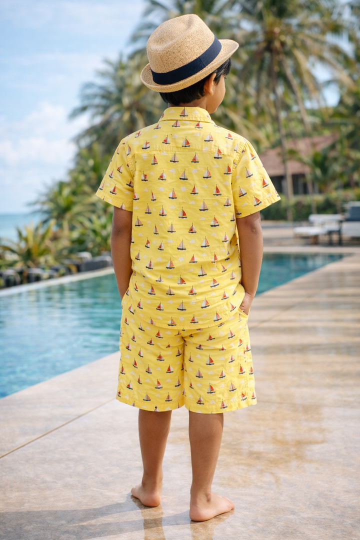Boys Yellow Cotton Co-ord Set with Embroidered Pocket - CuddlesClothing