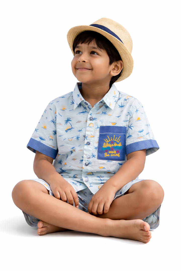 Boys Blue Cotton Co-ord Set with Embroidered Pocket - CuddlesClothing
