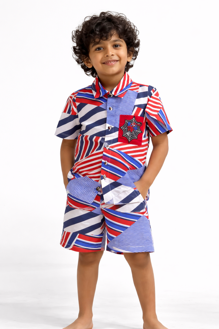 Boys Cotton Co-ord Set with Spiderman Embroidered Pocket - CuddlesClothing