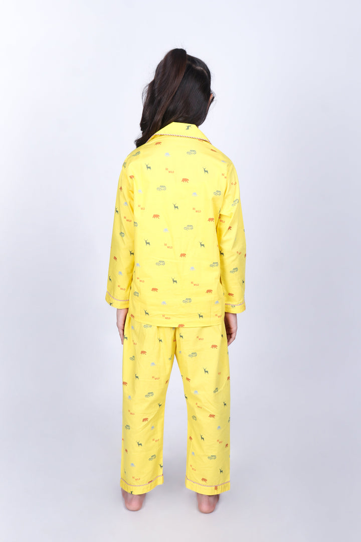 Kids Yellow Safari Animal Cotton Nightsuit - CuddlesClothing