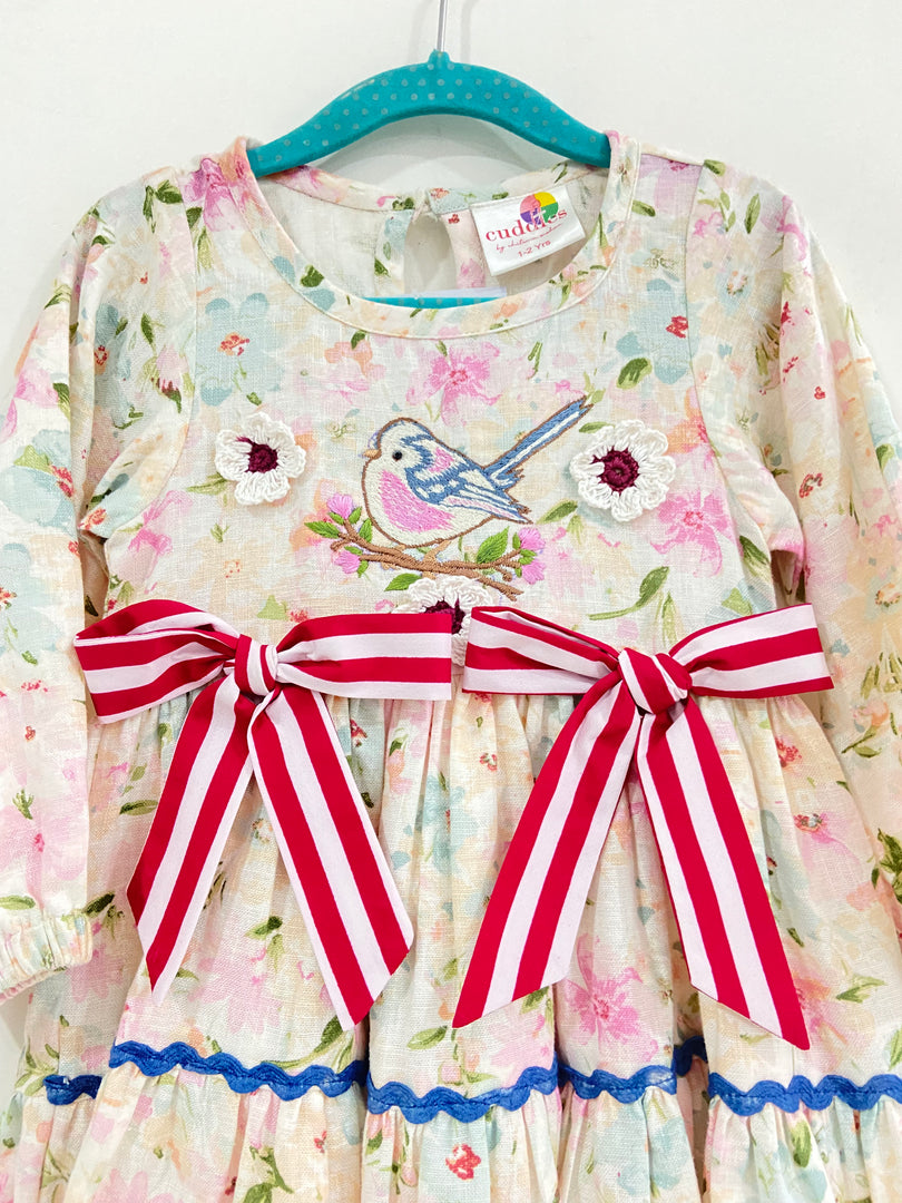 Floral Cotton Linen Dress with Bird Embroidery - CuddlesClothing