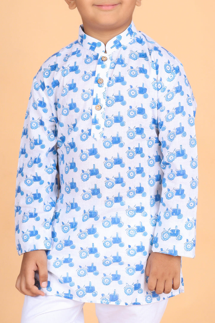 Boys Blue Tractor Print Cotton Kurta Set - CuddlesClothing