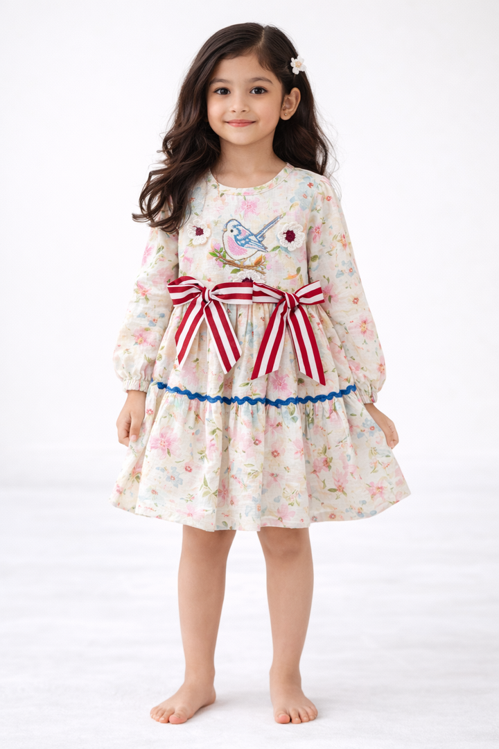 Floral Cotton Linen Dress with Bird Embroidery - CuddlesClothing