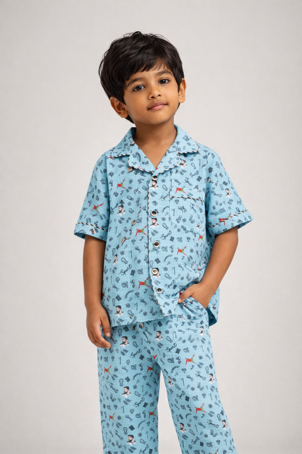Boys Football Print Nightsuit Set in Soft Cotton Muslin - CuddlesClothing