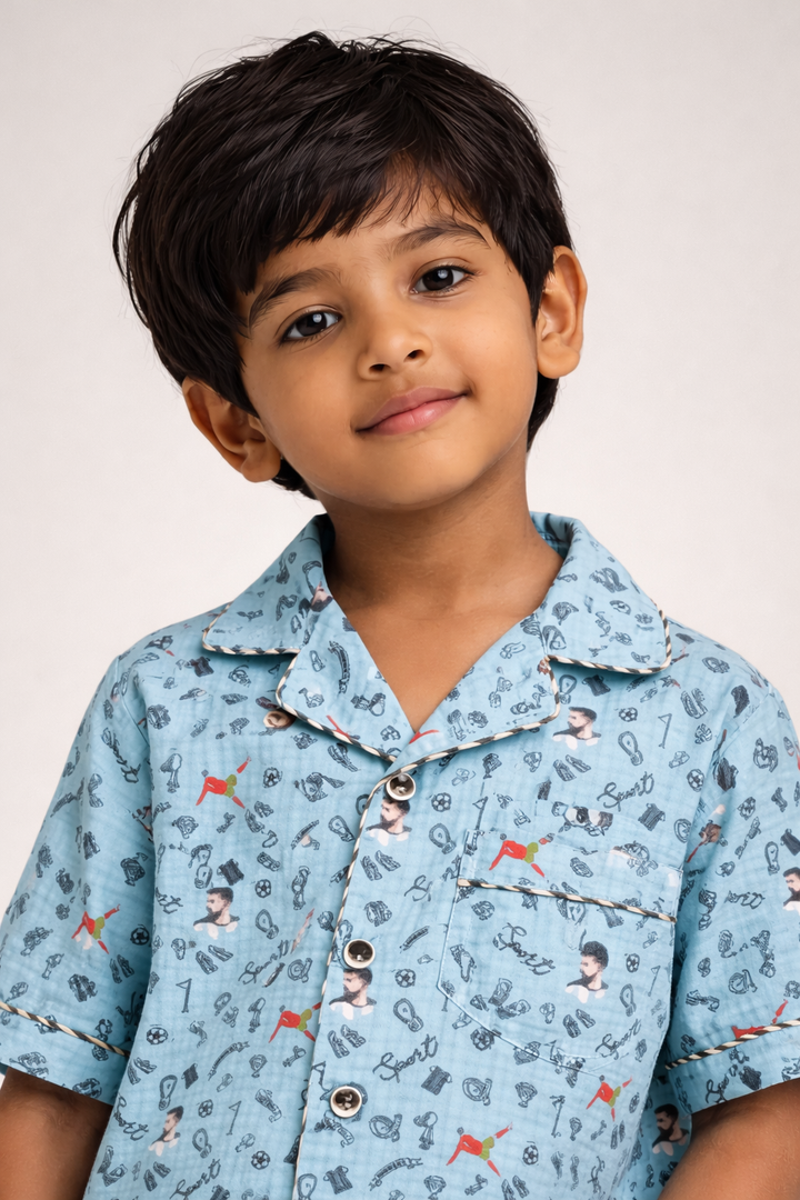 Boys Cotton Muslin Football Print Nightsuit Set - CuddlesClothing