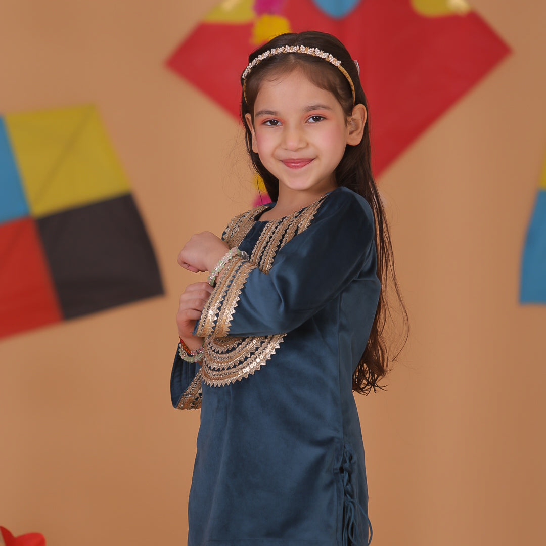 Girls Velvet Kurta with Georgette Printed Salwar & Dupatta Set - CuddlesClothing
