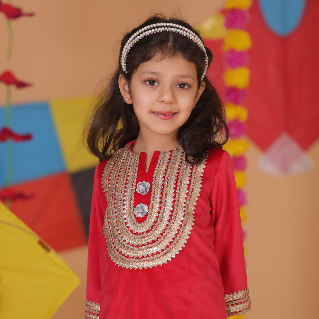 Girls Red Velvet Suit - Printed Georgette Salwar & Dupatta Set - CuddlesClothing