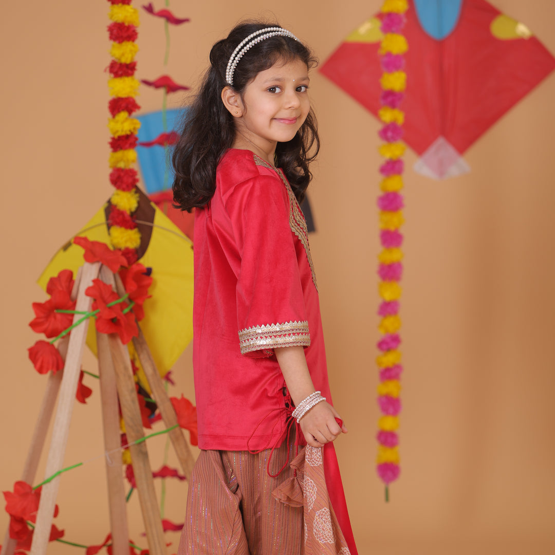 Girls Red Velvet Suit - Printed Georgette Salwar & Dupatta Set - CuddlesClothing