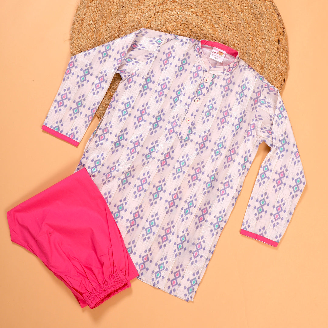 Super Soft Ikkat Print Kurta Pajama Set for Kids in Modal Satin - CuddlesClothing