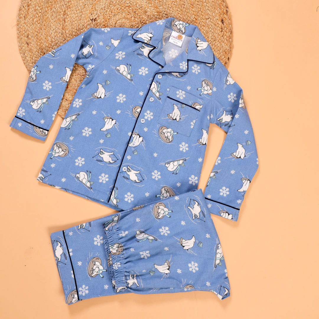 Blue Polar Bear Skiing Kids Flannel Nightsuit - CuddlesClothing