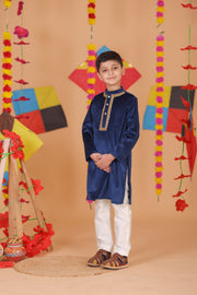 Boys Velvet Kurta Pajama - Embroidered Neckline Festive Wear - CuddlesClothing