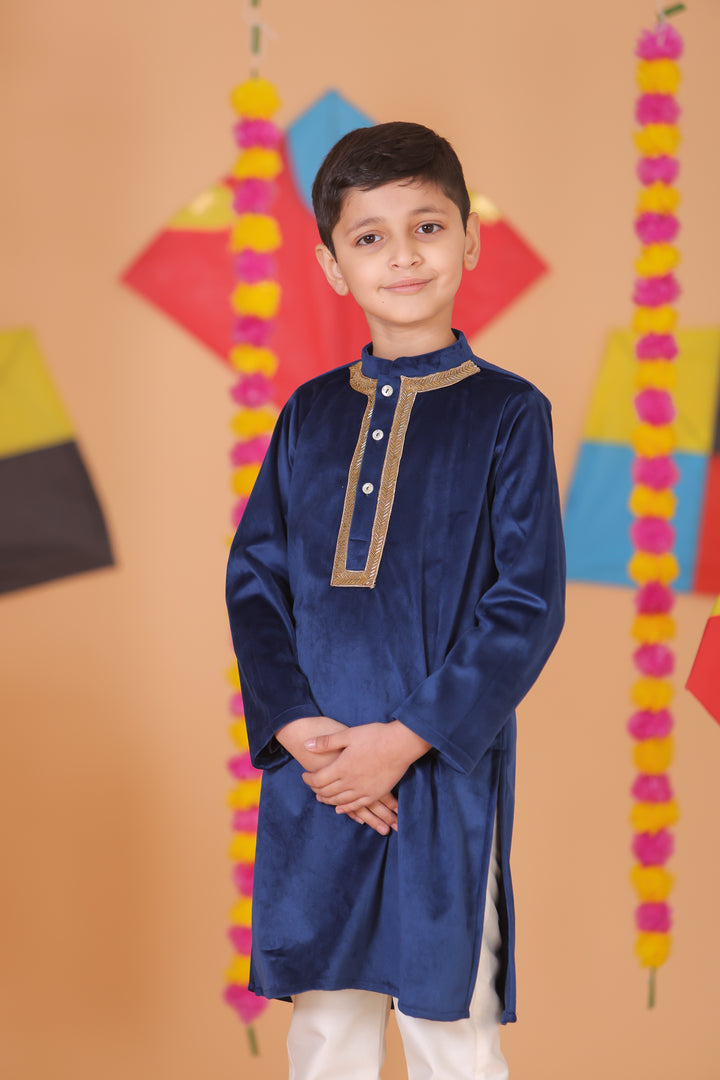 Boys Velvet Kurta Pajama - Embroidered Neckline Festive Wear - CuddlesClothing