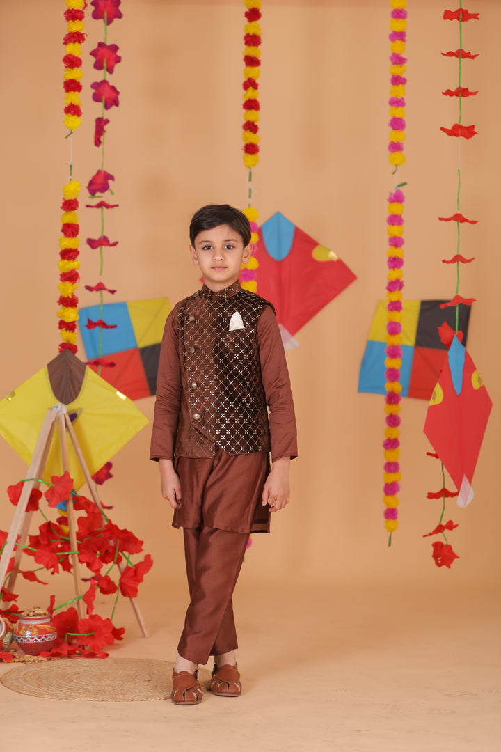Boys Brown Velvet Jacket & Kurta Set - CuddlesClothing
