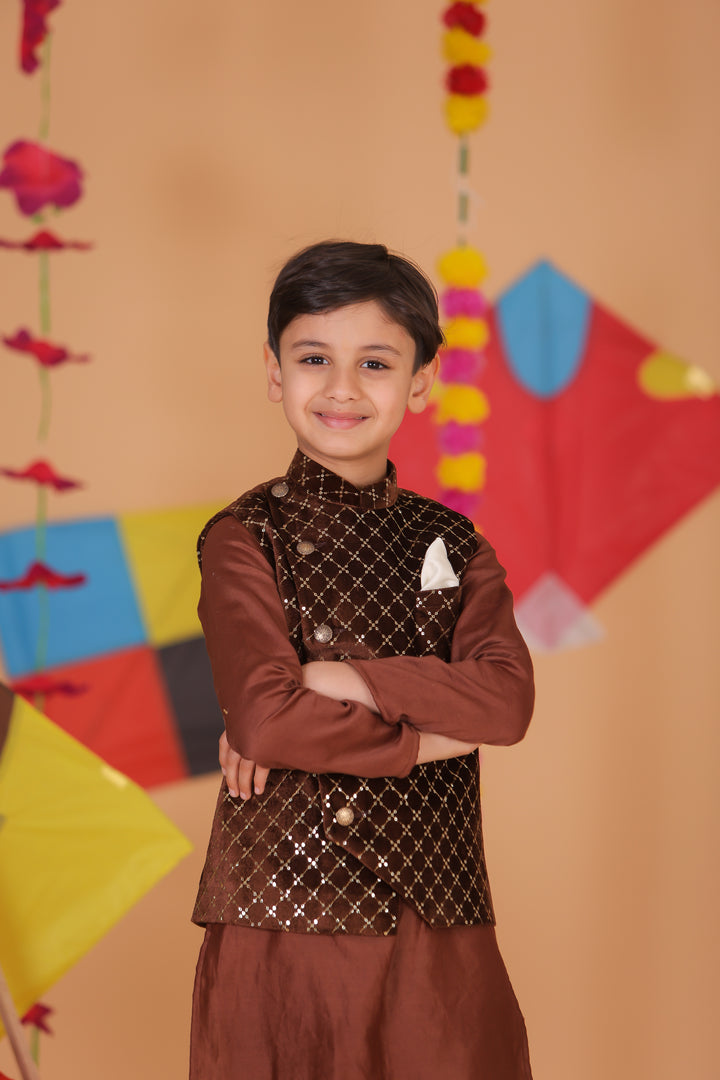 Boys Brown Velvet Jacket & Kurta Set - CuddlesClothing
