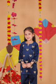 Girls Velvet Kurta and Pant Set - Embroidered Hearts - CuddlesClothing