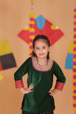Load image into Gallery viewer, Girls Green Embroidered Neckline Kurta Salwar Set - CuddlesClothing