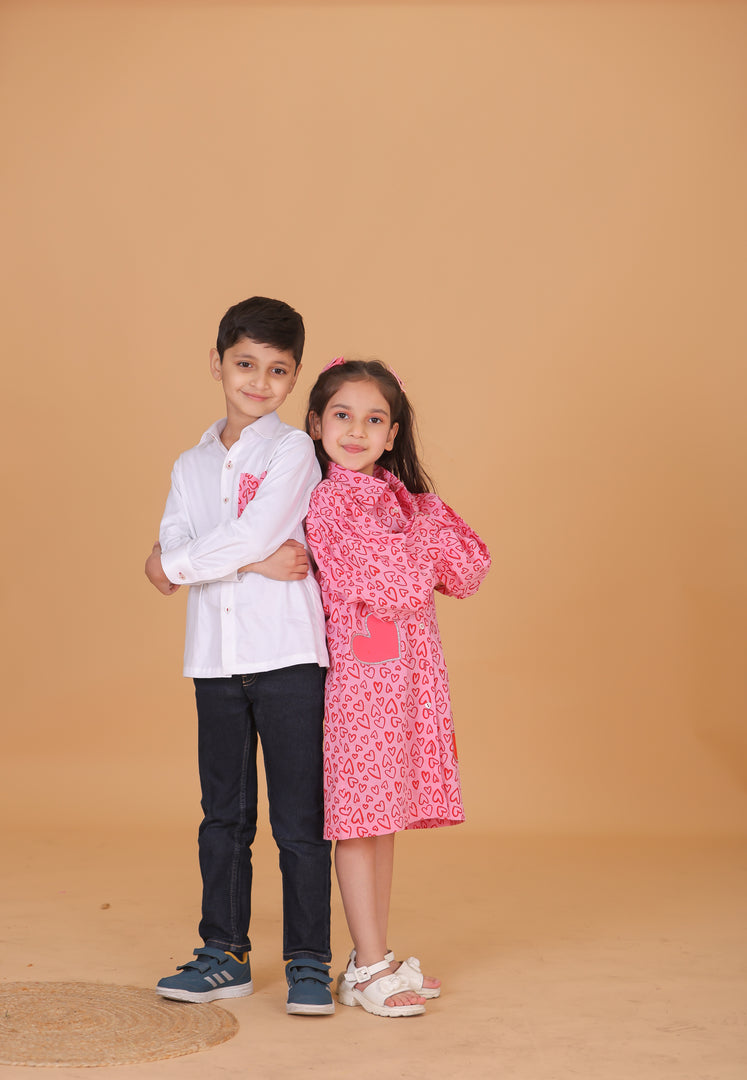 Kids White Cotton Shirt with Heart Print Pocket - CuddlesClothing