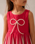 Load image into Gallery viewer, Pearl Bow Pleated Cotton Poplin Dress