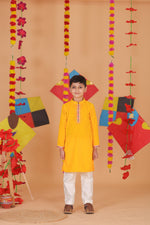 Load image into Gallery viewer, Boys Yellow Velvet Kurta Pajama Set - CuddlesClothing