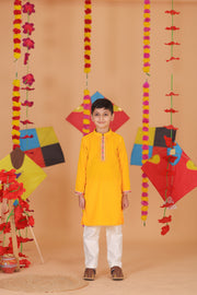 Boys Yellow Velvet Kurta Pajama Set - CuddlesClothing