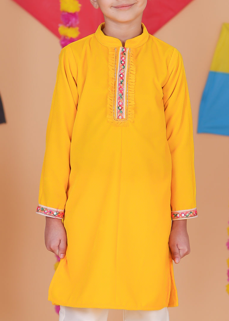 Boys Yellow Velvet Kurta Pajama Set - CuddlesClothing