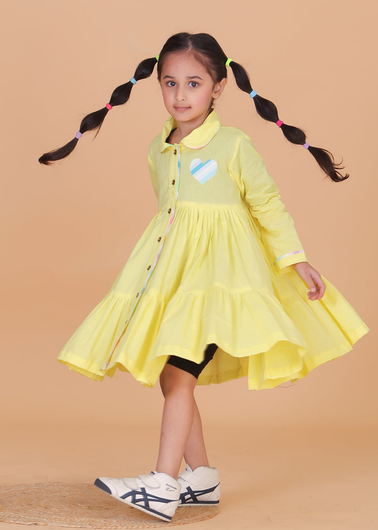 Girls Yellow Cotton Dress with Heart Patch - CuddlesClothing