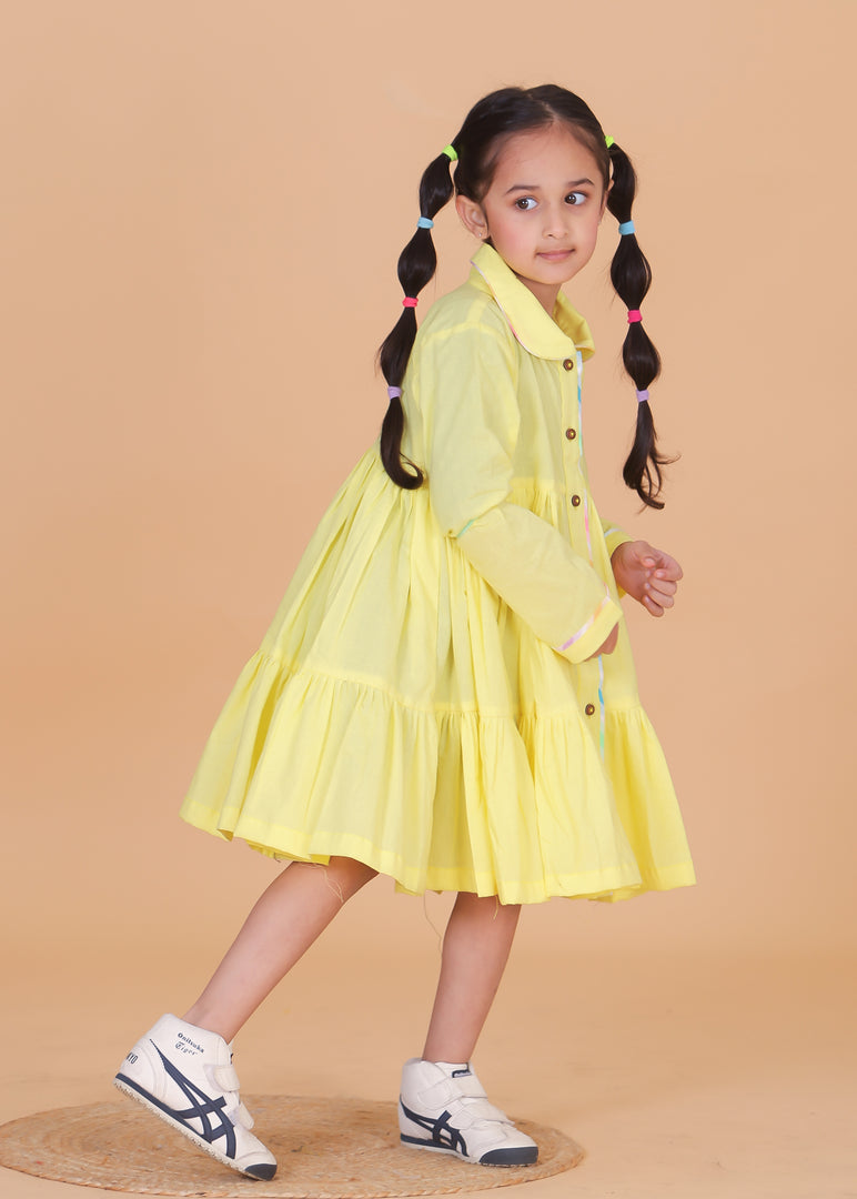 Girls Yellow Cotton Dress with Heart Patch - CuddlesClothing