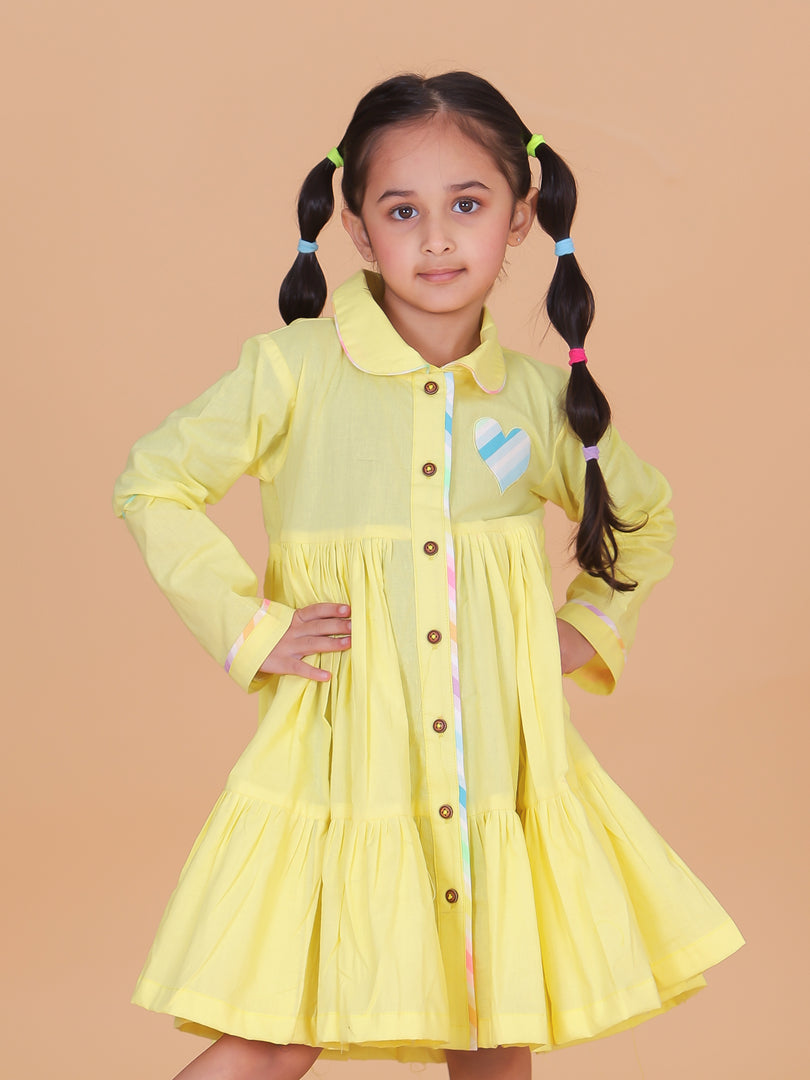 Girls Yellow Cotton Dress with Heart Patch - CuddlesClothing