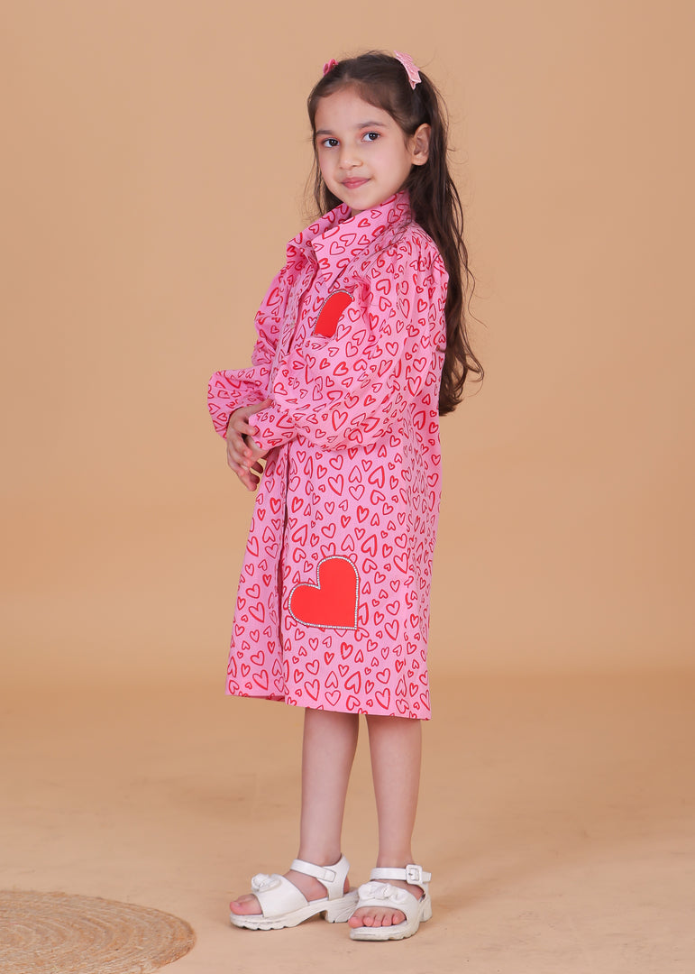 Girls Cotton Heart Print Dress with Patch - CuddlesClothing