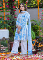 Load image into Gallery viewer, Women's Blue Tie-Dye Kurta Set with Mirror Work - CuddlesClothing