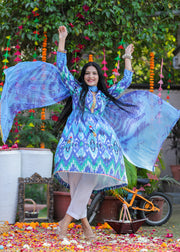Women's Blue Ikkat Print Cotton Kurta Set - CuddlesClothing