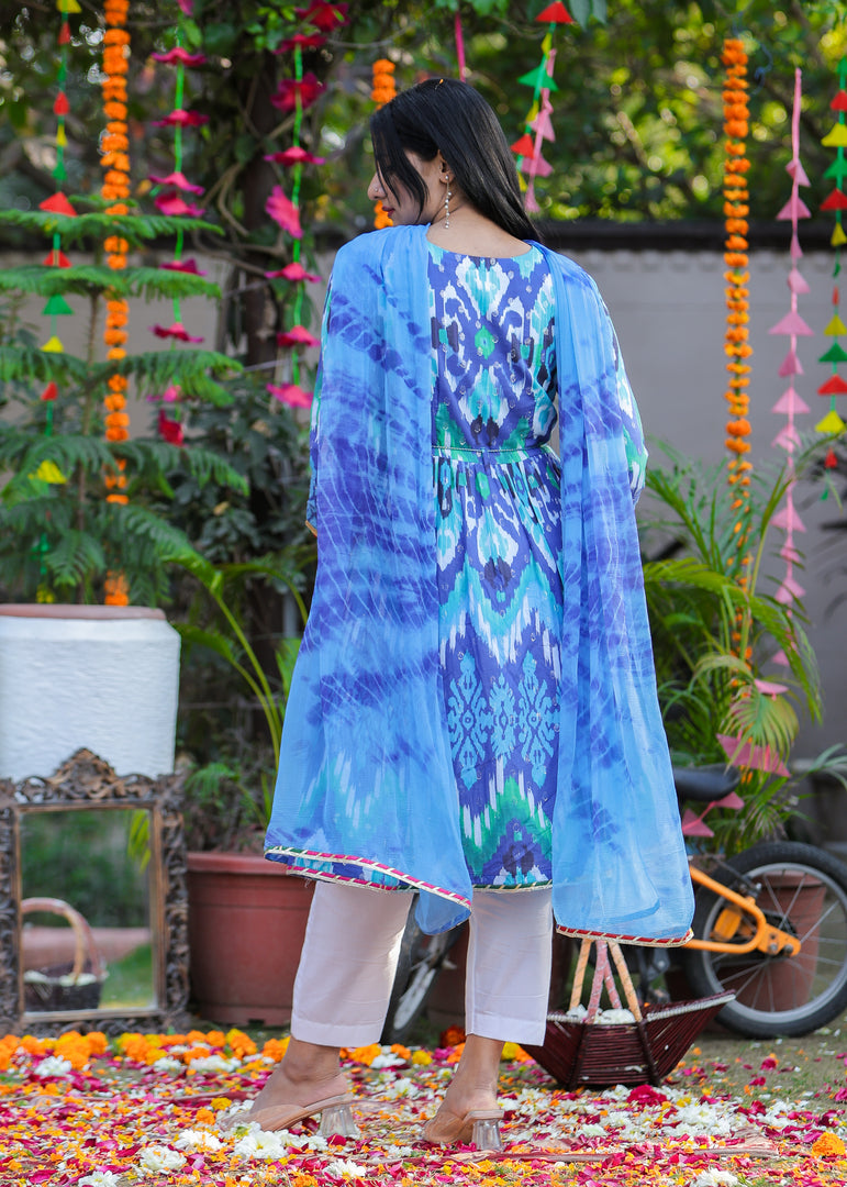 Women's Blue Ikkat Print Cotton Kurta Set - CuddlesClothing