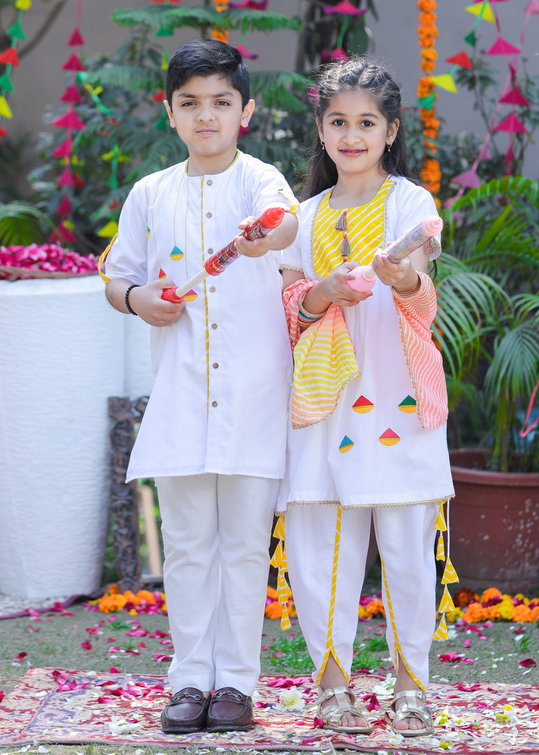 Girls White Embroidered Holi Dhoti Set - CuddlesClothing
