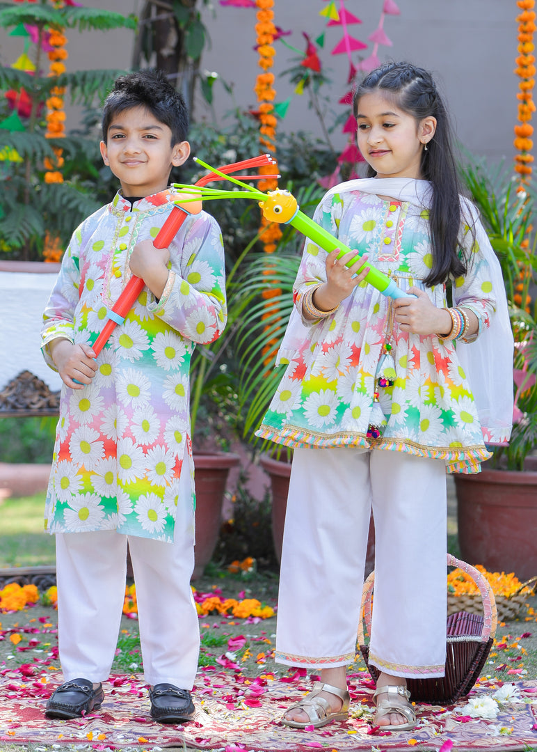 Boys' Rainbow Daisy Print Kurta Pajama Set - CuddlesClothing