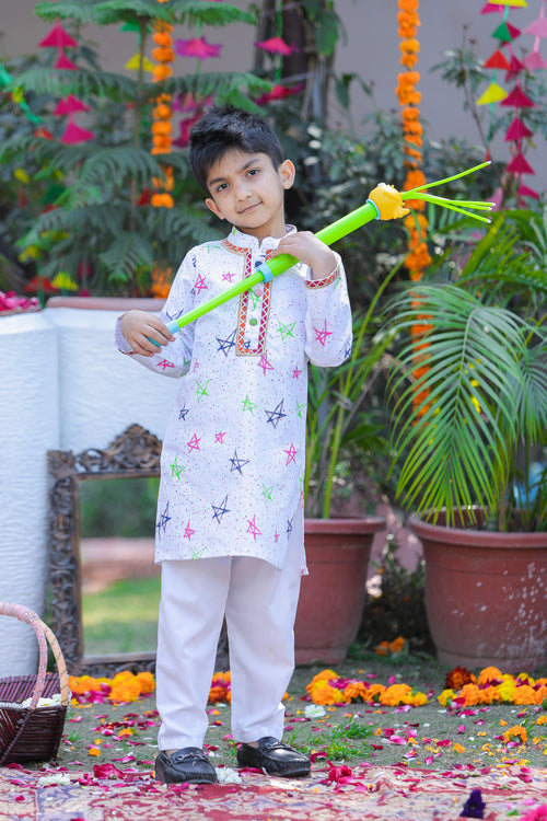 Kids' White Star Print Kurta Pajama