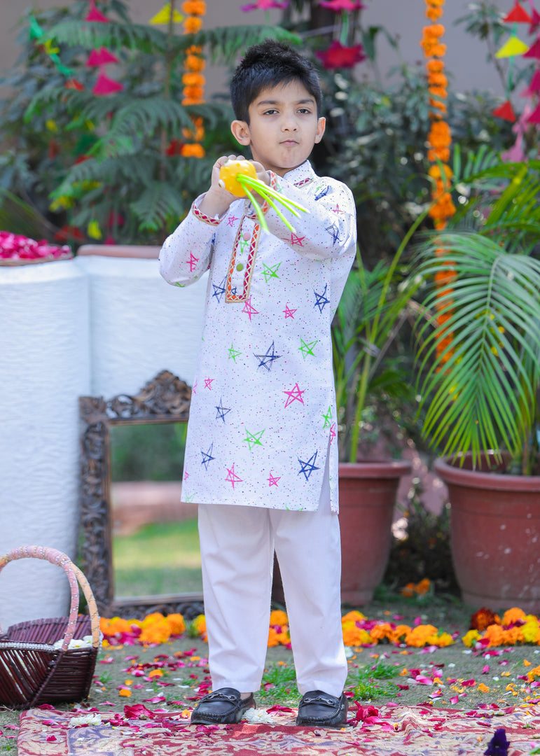 Kids' White Star Print Kurta Pajama - CuddlesClothing