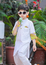 Load image into Gallery viewer, Boys' White Chikankari Kurta with Leheriya Accents - CuddlesClothing