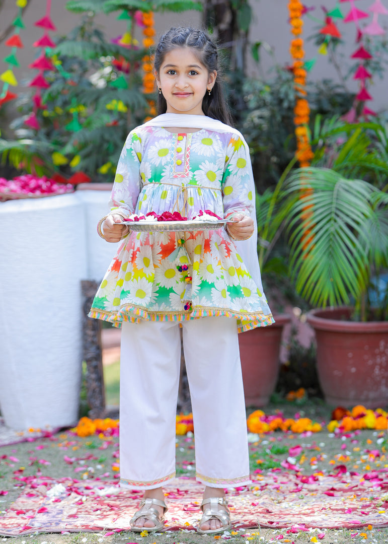 Girls' Rainbow Daisy Short Kali Kurta & Pant Set - CuddlesClothing