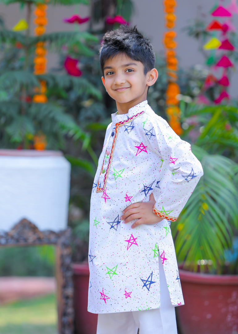 Kids' White Star Print Kurta Pajama - CuddlesClothing