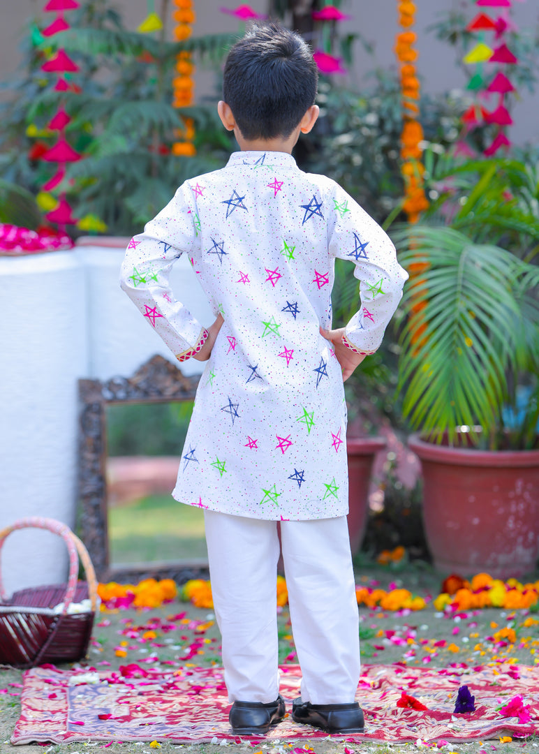 Kids' White Star Print Kurta Pajama - CuddlesClothing