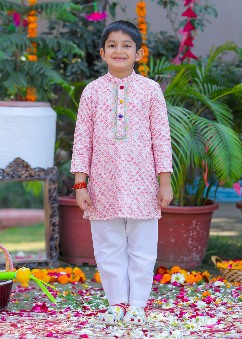 Boys Peach Chikankari Floral Kurta - CuddlesClothing