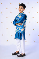 Load image into Gallery viewer, Boys Teal Silk Kurta Set with Heritage Print Nehru Jacket - CuddlesClothing