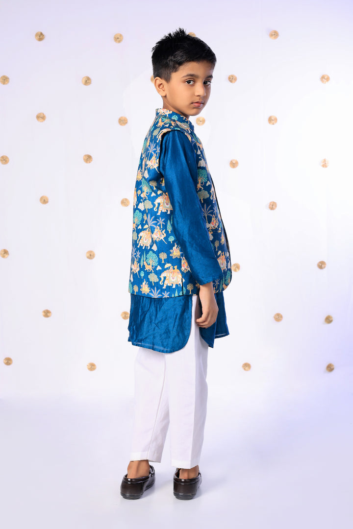 Boys Teal Silk Kurta Set with Heritage Print Nehru Jacket - CuddlesClothing