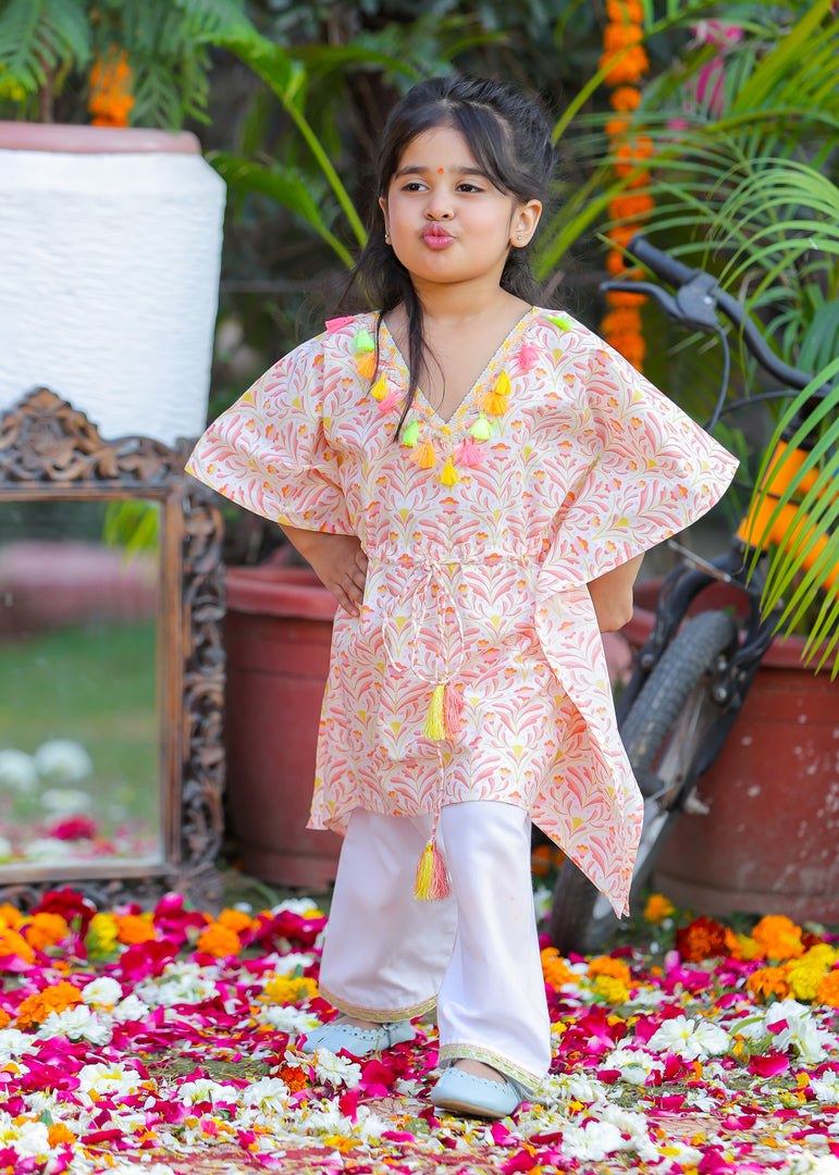 Meher Bagh Cotton Kaftan Set For Girls - CuddlesClothing