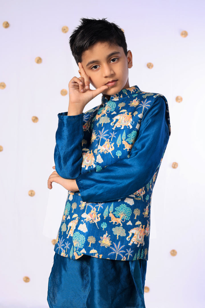 Boys Teal Silk Kurta Set with Heritage Print Nehru Jacket - CuddlesClothing