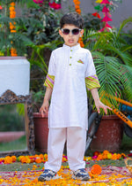 Load image into Gallery viewer, Boys' White Chikankari Kurta with Leheriya Accents - CuddlesClothing